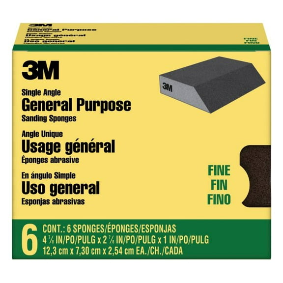 3M General Purpose Sanding Sponge CP040-6P, Single Angle, 2 7/8 in x 4 7/8 in x 1 in, Fine, 6/pk