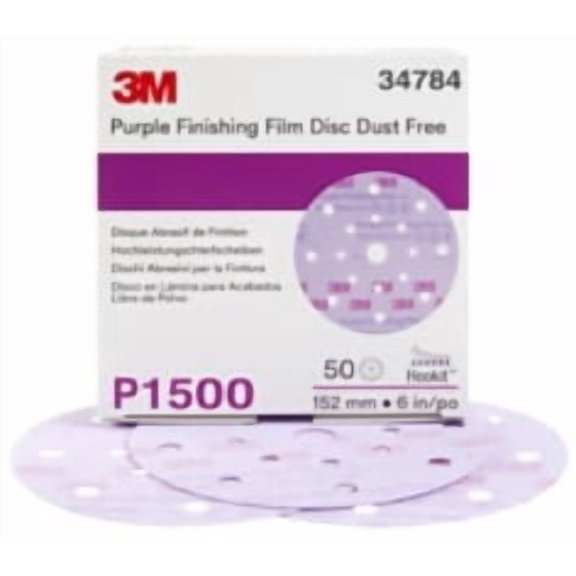 3M Hookit Purple Finishing Film Abrasive Disc 260L, 34784, 6 in, Dust Free, P1500, 50 discs per carton, 4 cartons per case