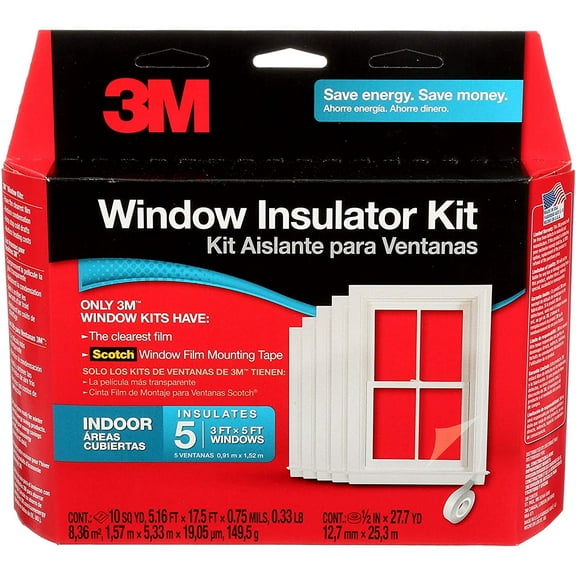 3M Indoor Window Insulator Kit, Window Insulation Film for Heat and Cold, 5 - 3'x5' Windows