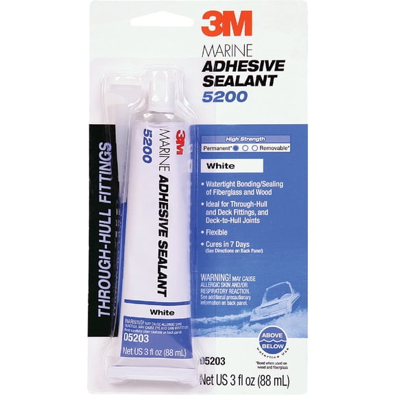 3M Marine Adhesive Sealant 5200 (05203) Permanent Bonding and Sealing for Boats and RVs Above and Below the Waterline Waterproof Repair, White, 3 fl oz Tube