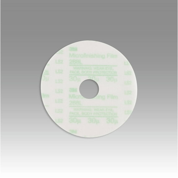 3M Microfinishing PSA Film Disc 268L, 30 Mic, Type D, Green, 5 in x NH, Die 500X, 25 per inner, 500 per case
