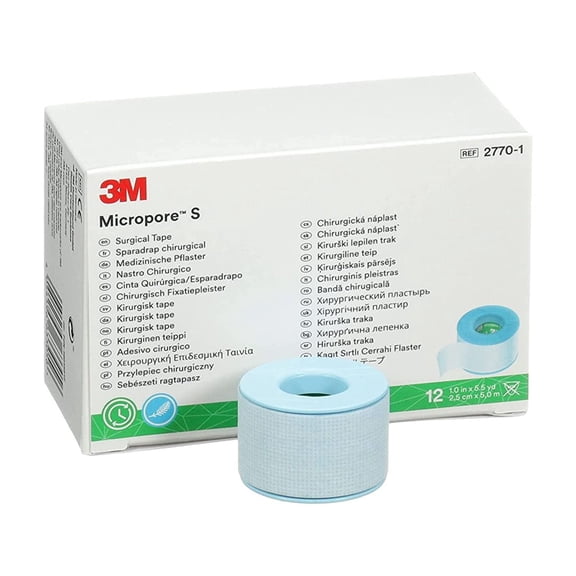 3M Micropore S Surgical Tape, 2770-1, 1 inch x 5.5 yard (2.5 cm x 5 m), 12 Roll/Carton, 10 Carton/Case
