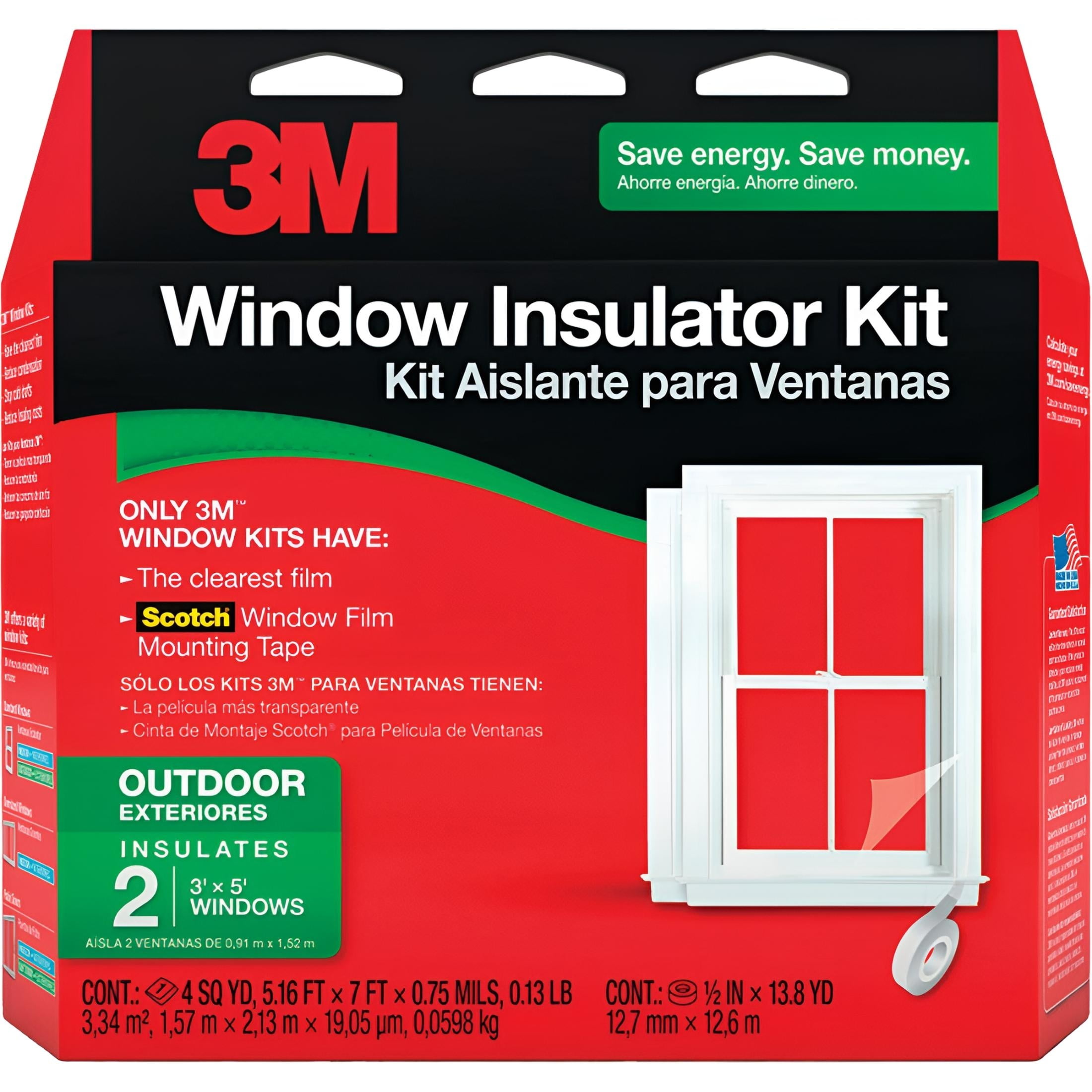 3M Outdoor Window Insulator Kit, Clear Film, Clear Mounting Tape, Fits Two 3' x 5' Windows