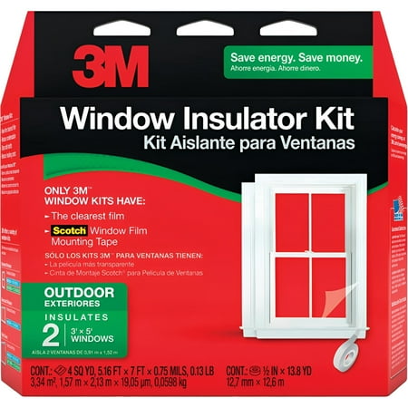 3M Outdoor Window Insulator Kit, Clear Film, Clear Mounting Tape, Fits Two 3' x 5' Windows