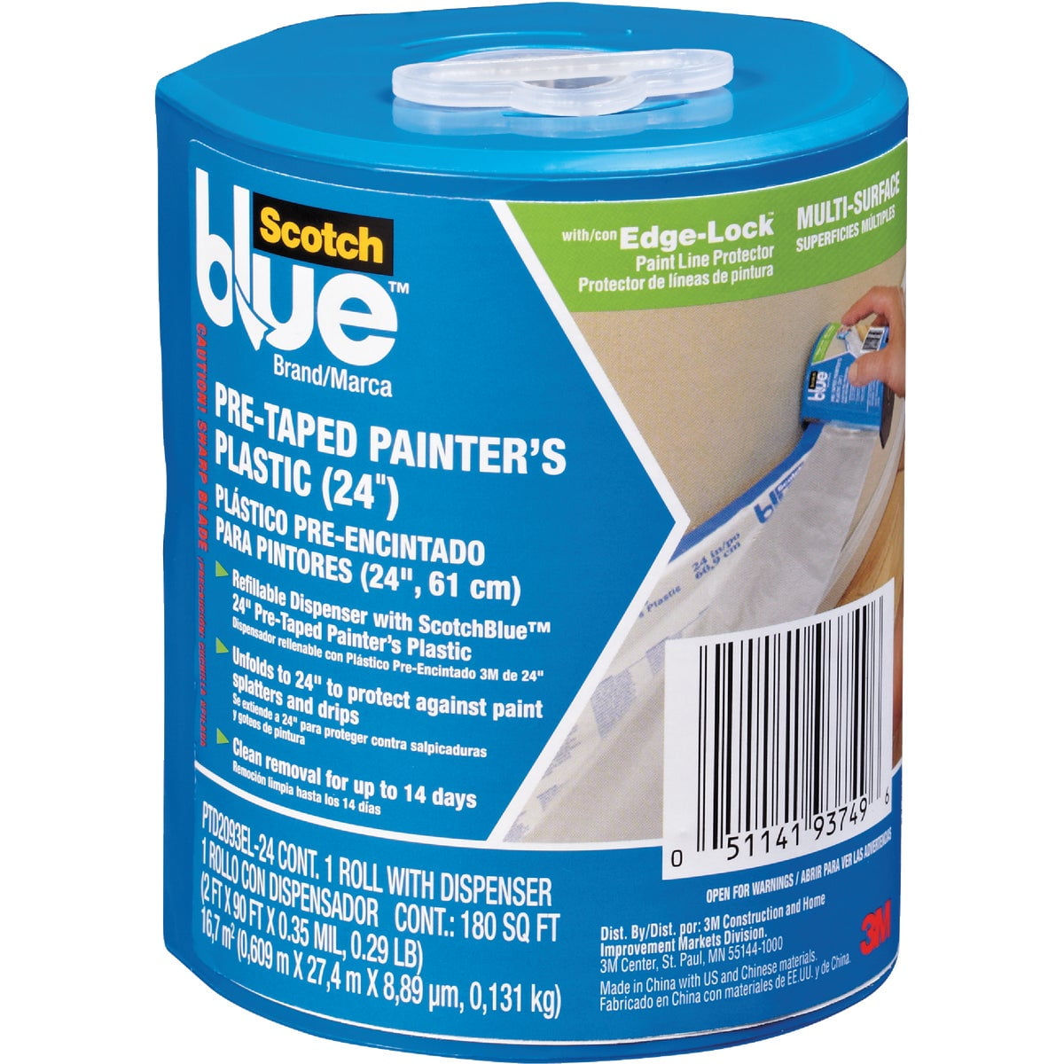 3M PTD2093EL-24-S 24" X 90' Pre-Taped Painter's Plastic With Dispenser