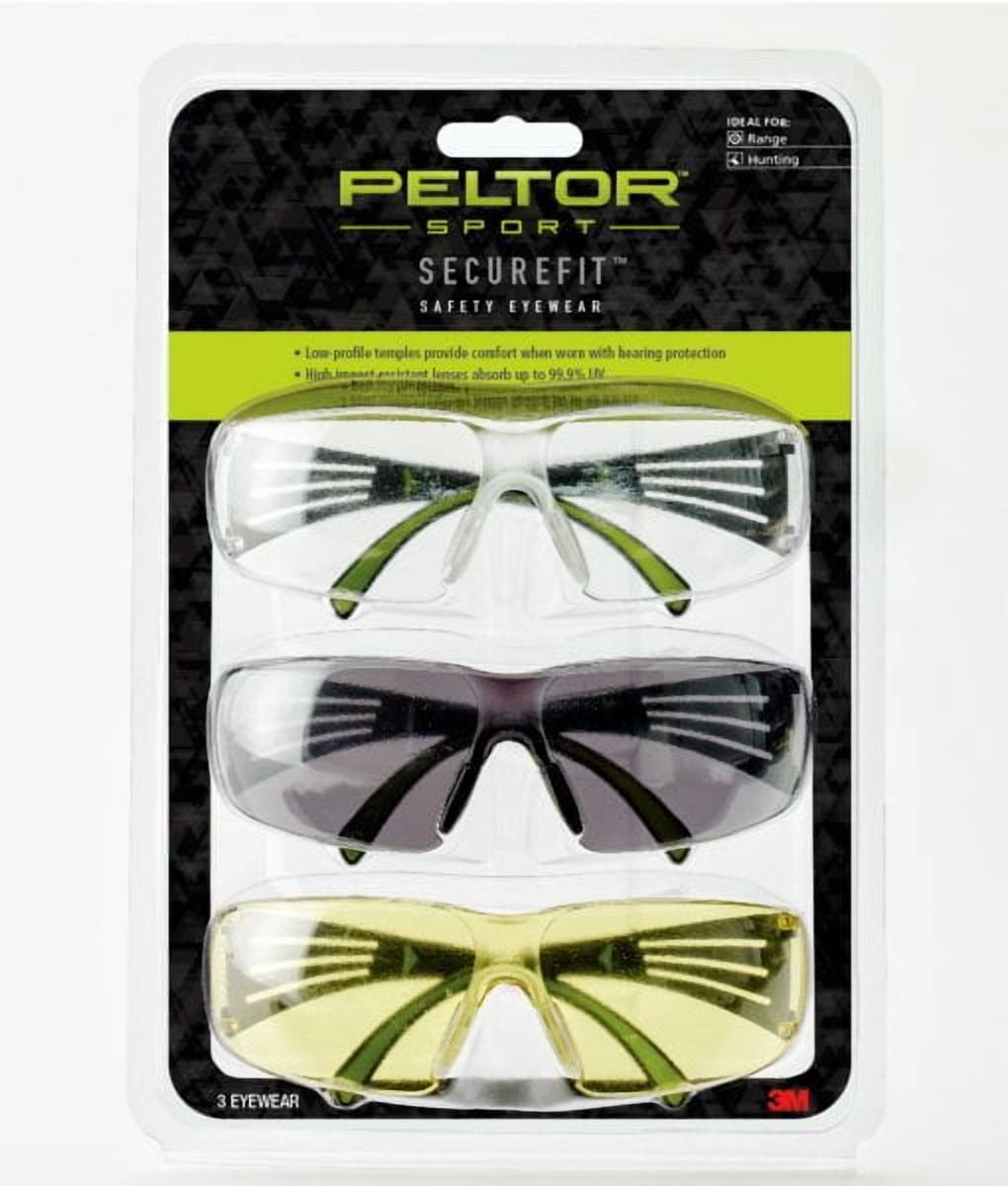 Peltor Sport SecureFit Safety Eyewear, SF400-P3PK-6, 3 Pack: Clear + Amber + Gray Lenses, AF