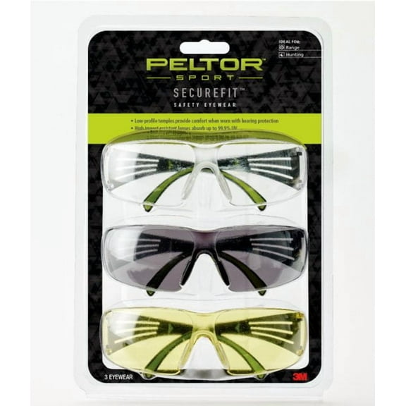 Peltor Sport SecureFit Safety Eyewear, SF400-P3PK-6, 3 Pack: Clear + Amber + Gray Lenses, AF