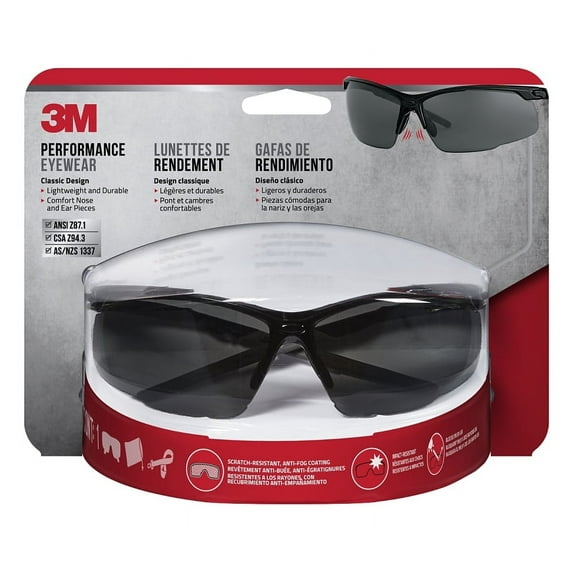 3M Performance Eyewear, Multi-Purpose Design, Black Frame, Gray Lens, 1/Pack