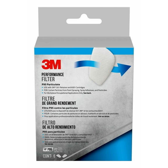 3M Performance Filter P95 Particulate Filters, 6 Pack, for use with 3M 501 Retainer and 6001 Cartridges