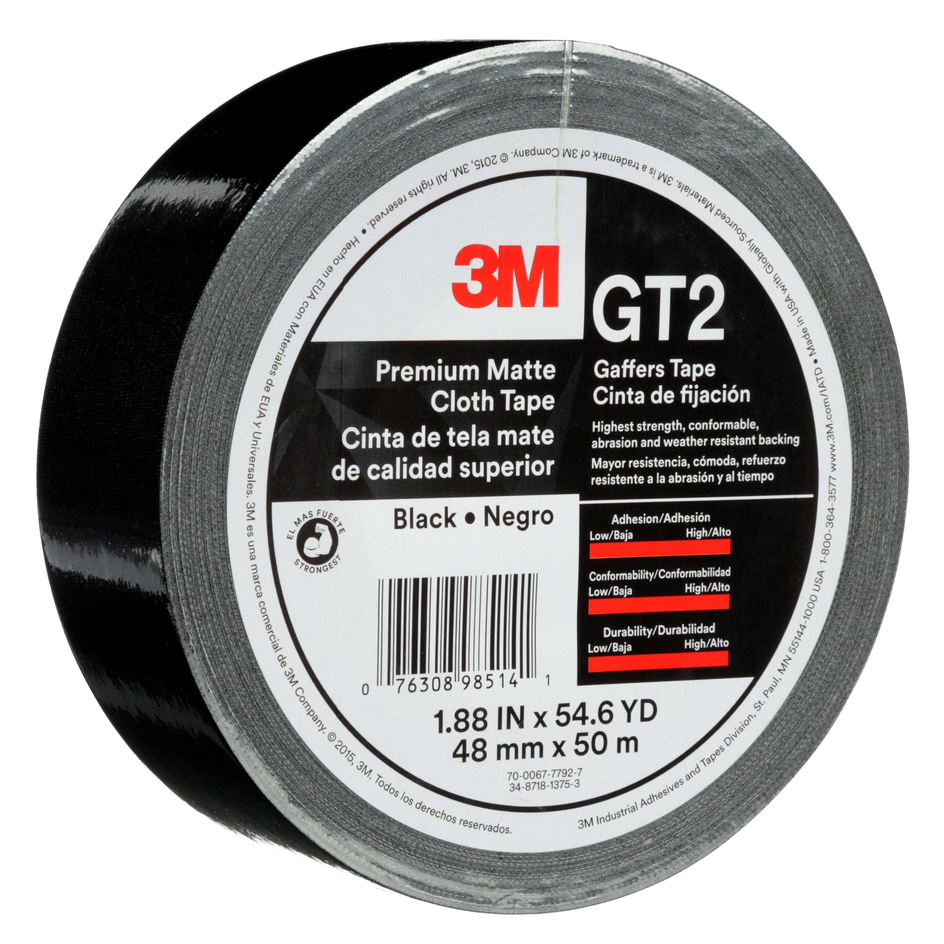 3M Premium Matte Cloth (Gaffers) Tape GT2 Black, 48 mm x 50 m 11 mil, 24 rolls per case