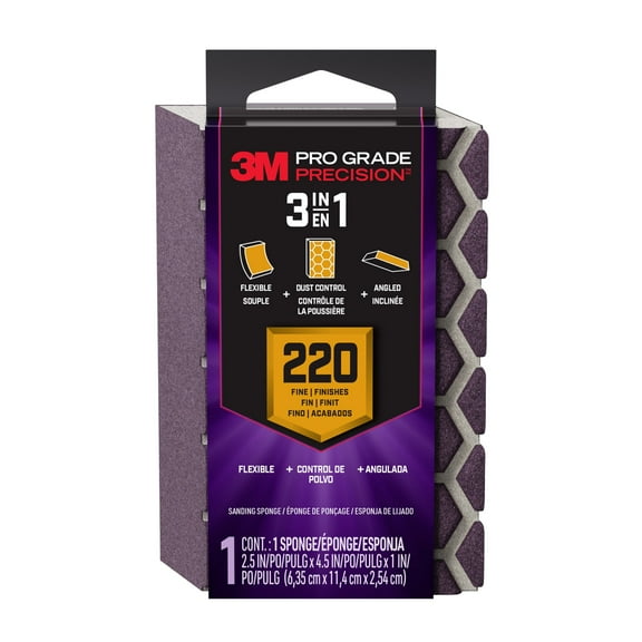 3M Pro Grade Precision Sanding Block, Drywall Sponge, 2.5 in x 4.5 in x 1 in, 220 Grit, Fine, 1 Sponge