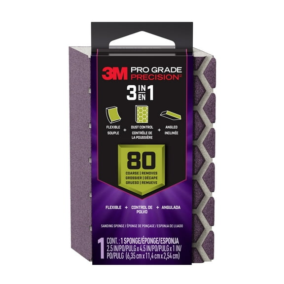3M Pro Grade Precision Sanding Block, Drywall Sponge, 2.5 in x 4.5 in x 1 in, 80 Grit, Coarse, 1 Sponge