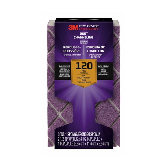 3M Pro Grade Precision Sanding Block, Dust Channeling, 4.5 in. x 2.5 in. x 1 in., 120 Grit, Fine, 1 Sponge