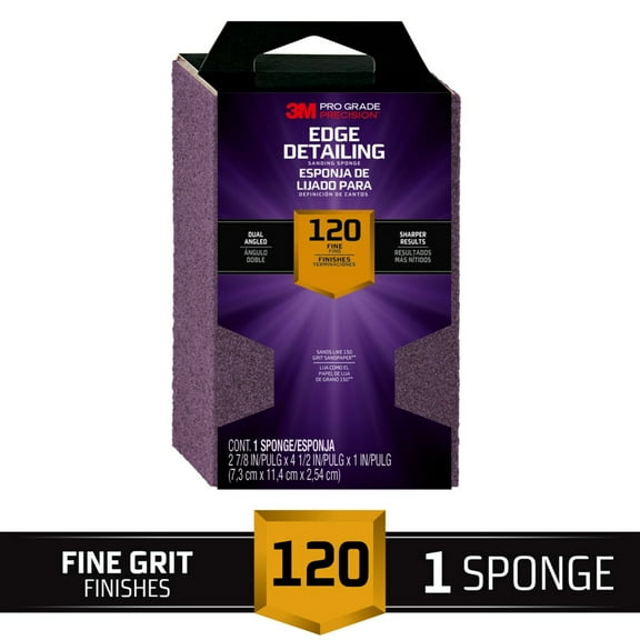 3M Pro Grade Precision Sanding Block, Edge Detailing, 2.875 in. x 4.5 in. x 1 in., 120 Grit, Fine, 1 Sponge