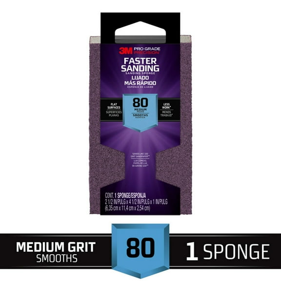 3M Pro Grade Precision Sanding Block, Faster Sanding, 2.5 in. x 4.5 in. x 1 in. , 80 Grit, Medium, 1 Sponge