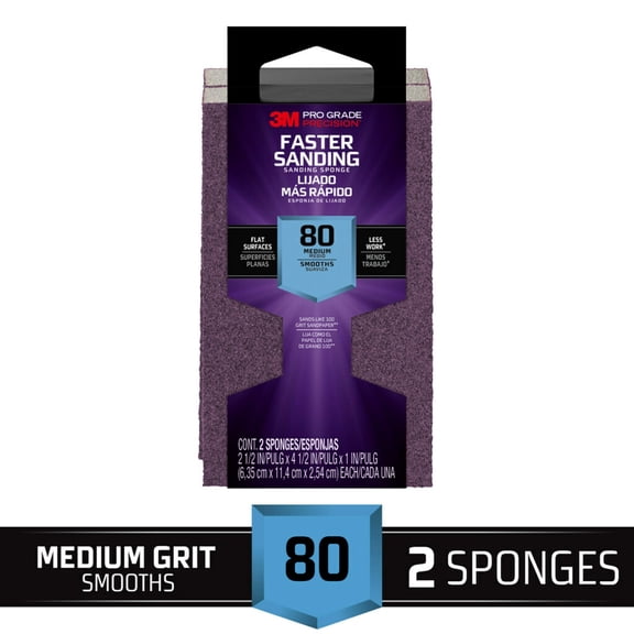 3M Pro Grade Precision Sanding Block, Faster Sanding, 2.5 in. x 4.5 in. x 1 in. , 80 Grit, Medium, 2 Sponges