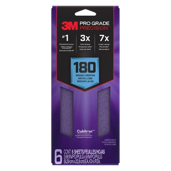 3M Pro Grade Precision Sandpaper, No-Slip Grip Backing, 3 2/3 in x 9 in, 180 Grit, 6 Sheets
