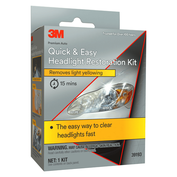 3M Quick and Easy Headlight Restoration Kit, Removes Light Yellowing in 15-Minutes, 39193, 1 Kit
