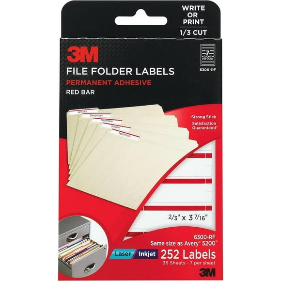3M Red Bar File Folder Labels White with Red Bar 2/3 x 3 7/16 Inches, 252 Labels