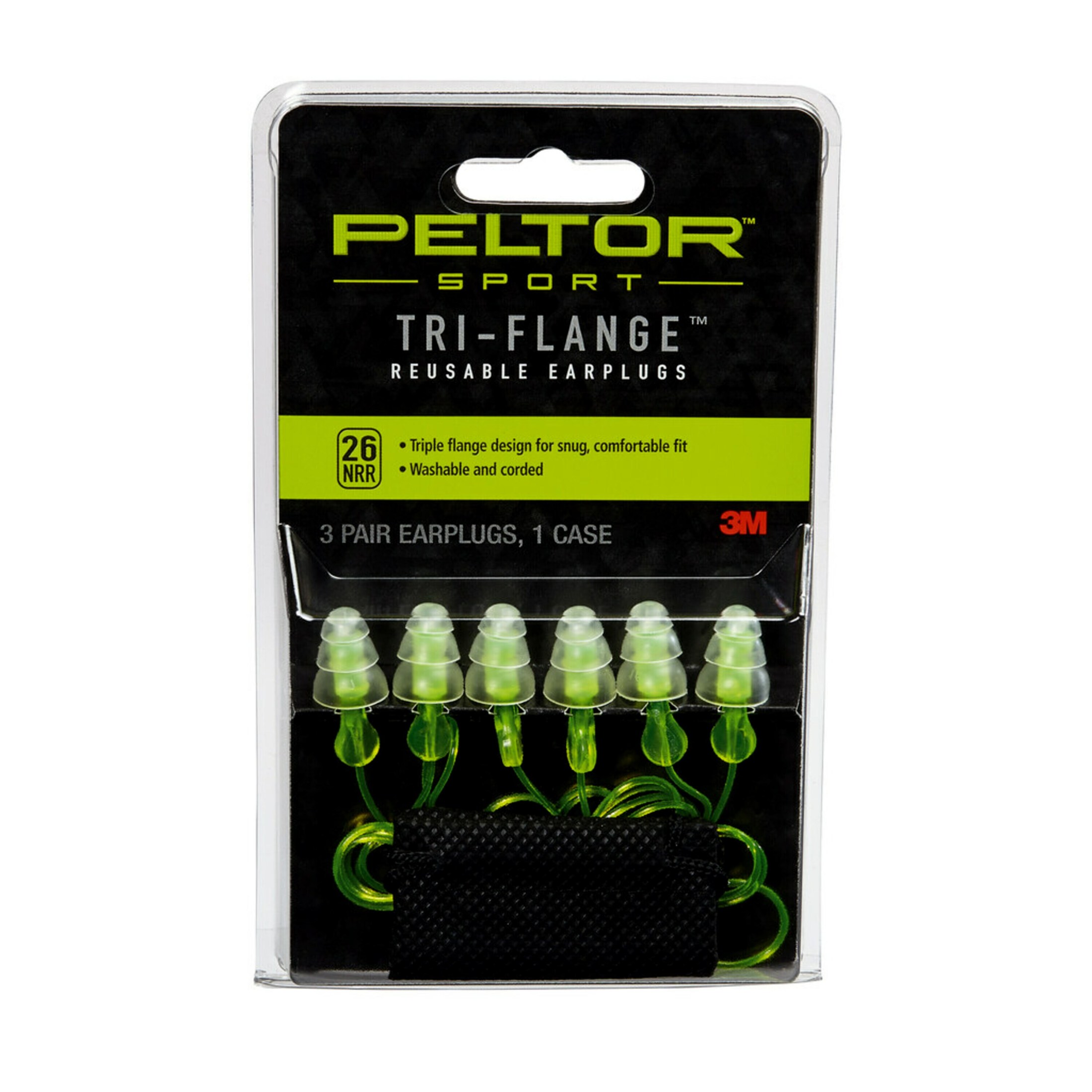 Peltor Sport Tri-Flange Corded Reusable Earplugs, Neon Yellow, NRR 26 dB, 3 Pairs