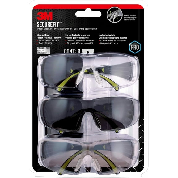 3M SF400-W-3PK Lightweight Safety Eyewear Anti-Fog Scratch-Resistant Lens Neon Green/Black Frame