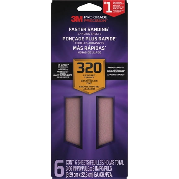 3M SHTR320-PGP-6T Pro Grade Precision Faster Sanding, Sanding Sheets, 320-Grit Extra-Fine, 3-2/3" x 9", 6-Pack