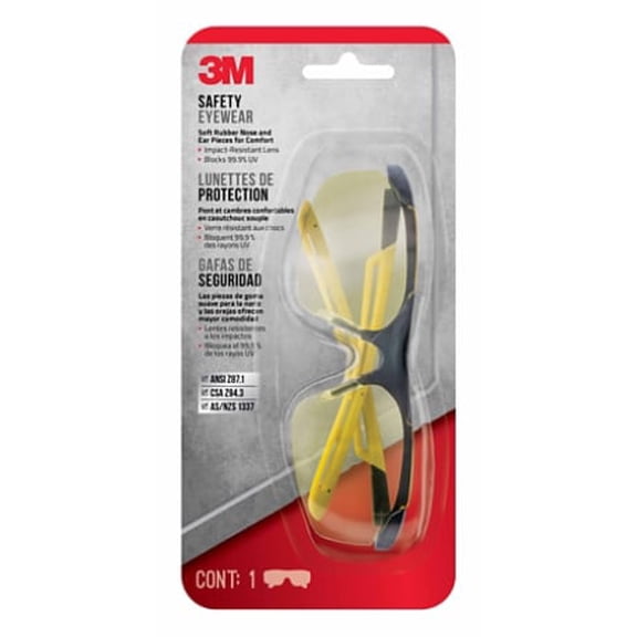 3M Safety Eyewear Ambr Comfort,, 90211-HV6-NA, Blk Frame Ylw Accent, AF & Scratch Resistant Lens, 6ea/case