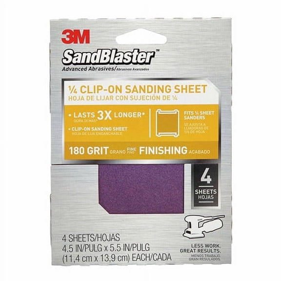 3M SandBlaster 1/4 Clip-On Palm Sanding Sheets, 4.5-Inch x 5.5-Inch, 180 grit, 4 Sheets, 9662SB-ES