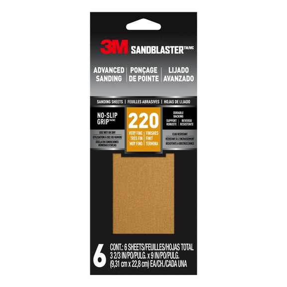 3M™ SandBlaster™ Advanced Sanding Sheets w/ NO-SLIP GRIP™ Backing 11220-G-6, 3 2/3 in x 9 in, 220 Grit, 6 Shts/pk