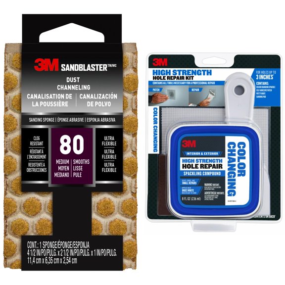 3M SandBlaster Dust Channeling Sanding Sponge, 80 Grit With 3M High Strength Hole Repair Kit