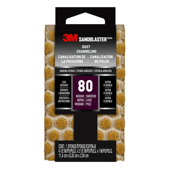 3M™ SandBlaster™ Dust Channeling Sanding Sponge, Gold, 4.5 x 2.5 x 1 in, 80 Grit, Medium