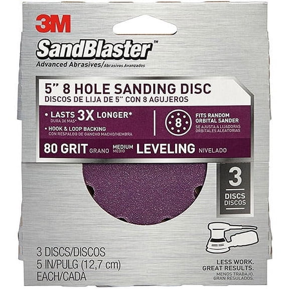 3M SandBlaster Sanding Discs, 5-Inch 8 Hole, 80 grit, 3 Discs, 9522SB-ES