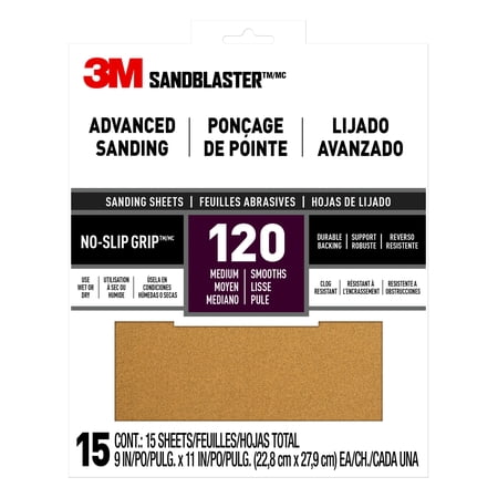 3M Sandblaster No-Slip Grip Sandpaper, 9 in x11 in, 120 Grit, 15 Pack