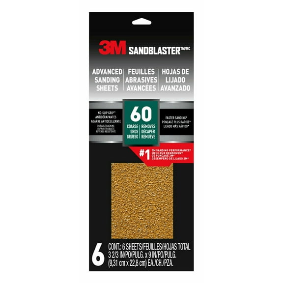 3M Sandblaster No-Slip Grip Sandpaper, Gold, 3-2/3 in x 9 in, 60 Grit, 6 Sheets