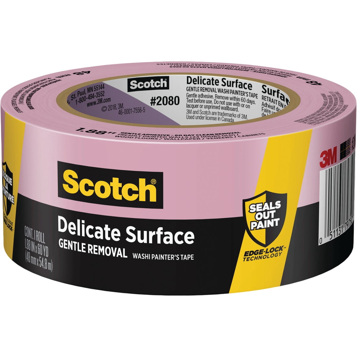 3M Scotch-Blue 2080 Safe-Release Delicate Surfaces Painters Masking Tape, 19 lbs/in Tensile Strength, 60 yds Length x 2" Width, Blue Pack of 4