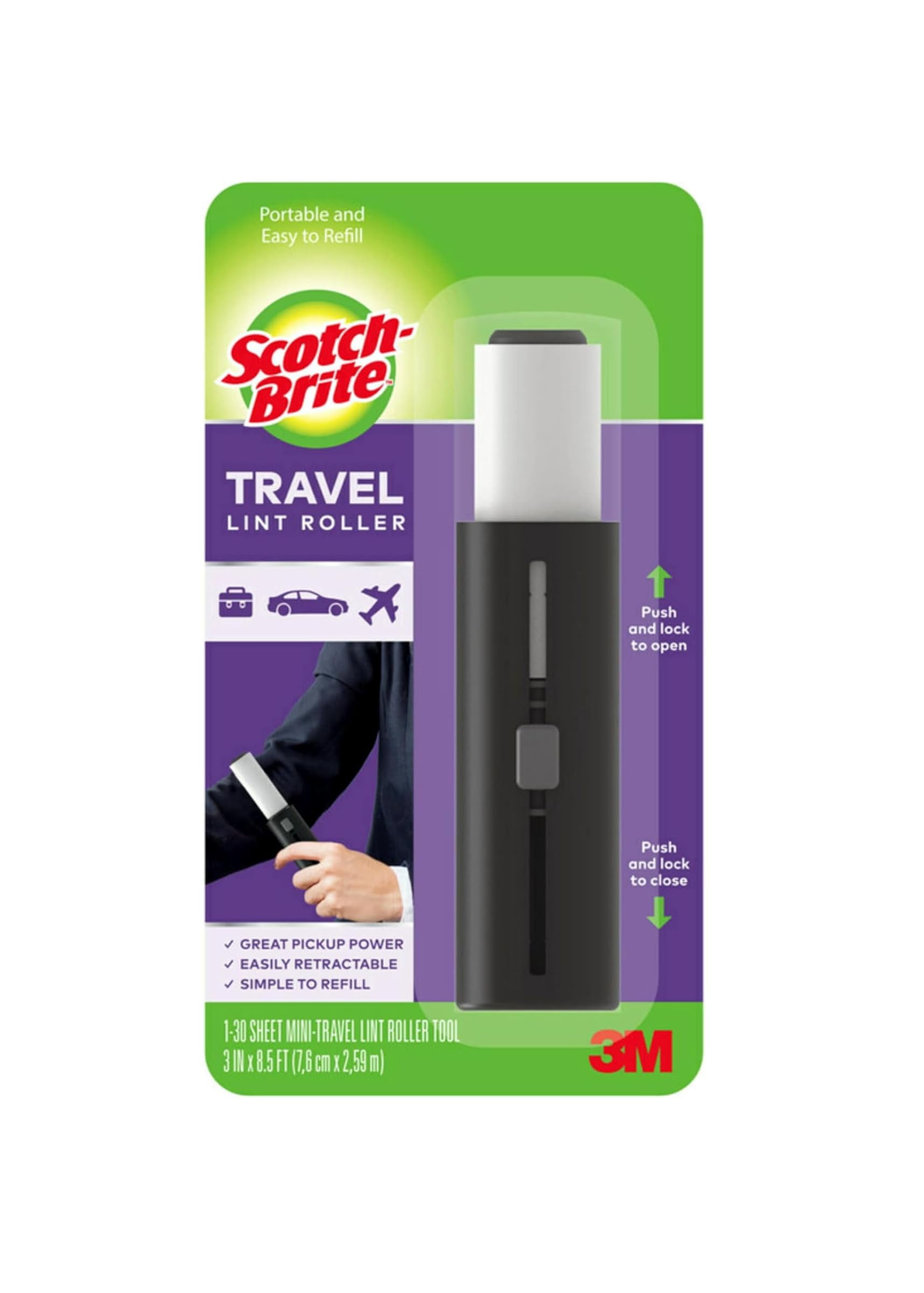 Scotch-Brite Mini Travel Lint Roller, Works Great On Pet Hair, Single Roller, 30 Sheets