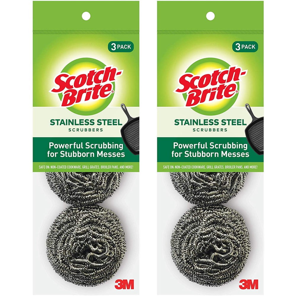 3M Scotch-Brite Scrubbing Scour Pads No Rust Stainless Steel Heavy Duty 3 Pads, 2-Pack
