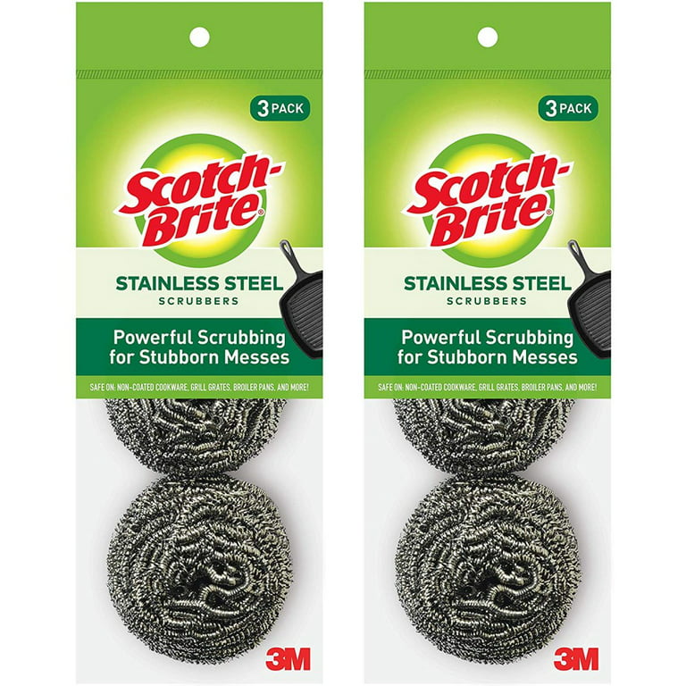 3M Scotch-Brite Scrubbing Scour Pads No Rust Stainless Steel Heavy Duty 3 Pads, 2-Pack, Silver
