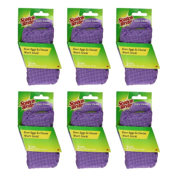 3M Scotch-Brite Stay Clean Scrubber Easy Hold S-Shape Non Stick Scratch 2 Ct Purple, 6-Pack