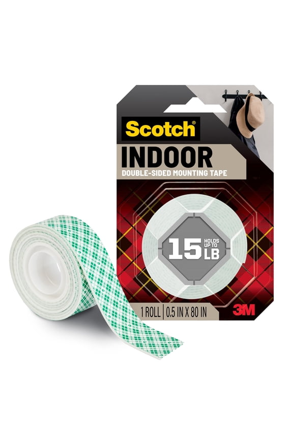 3M Scotch Indoor Double-Sided Mounting Tape, 1/2" x 80" Roll