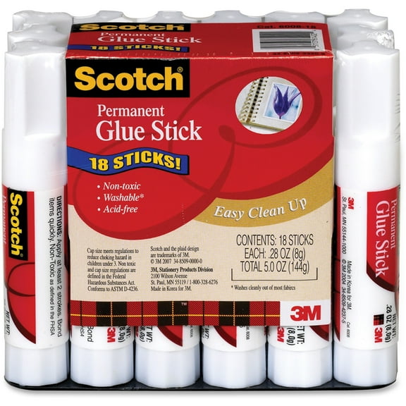 3M Scotch Permanent Glue Sticks, White, 18-Count, Nontoxic, Fast-Bonding