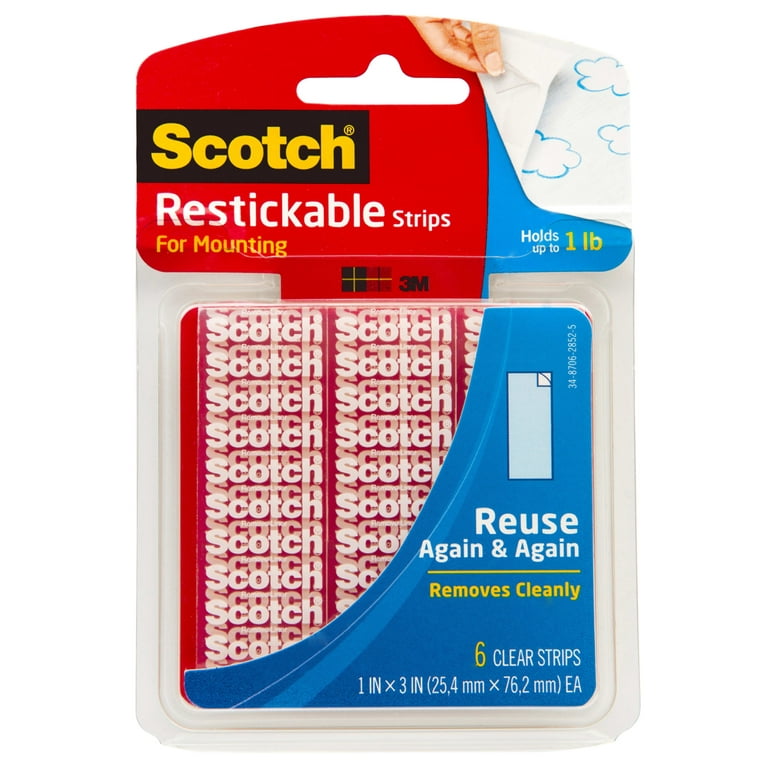 3M Scotch Restickable Strips, 1 x 3, Clear - 6 pack