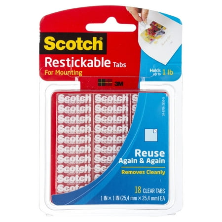 3M Scotch Reusable Mounting Tabs, 1 in x 1 in, 18/Pkg.