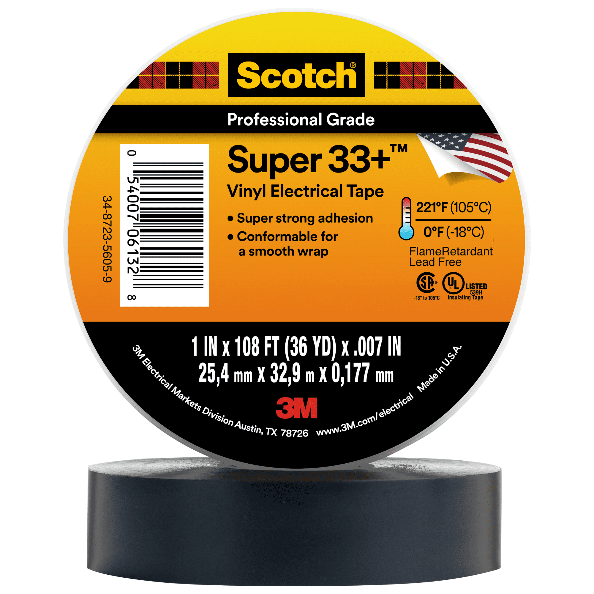 3M Scotch Super 33+ Electrical Tape - 1 in x 36 yd (108 ft) - 1 Roll, Black