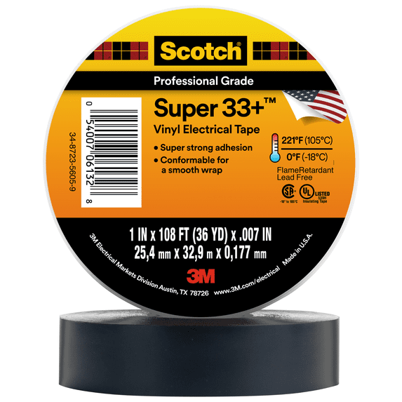 3M Scotch Super 33+ Electrical Tape - 1 in x 36 yd (108 ft) - 1 Roll, Black