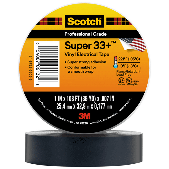 3M Scotch Super 33+ Electrical Tape - 1 in x 36 yd (108 ft) - 1 Roll, Black