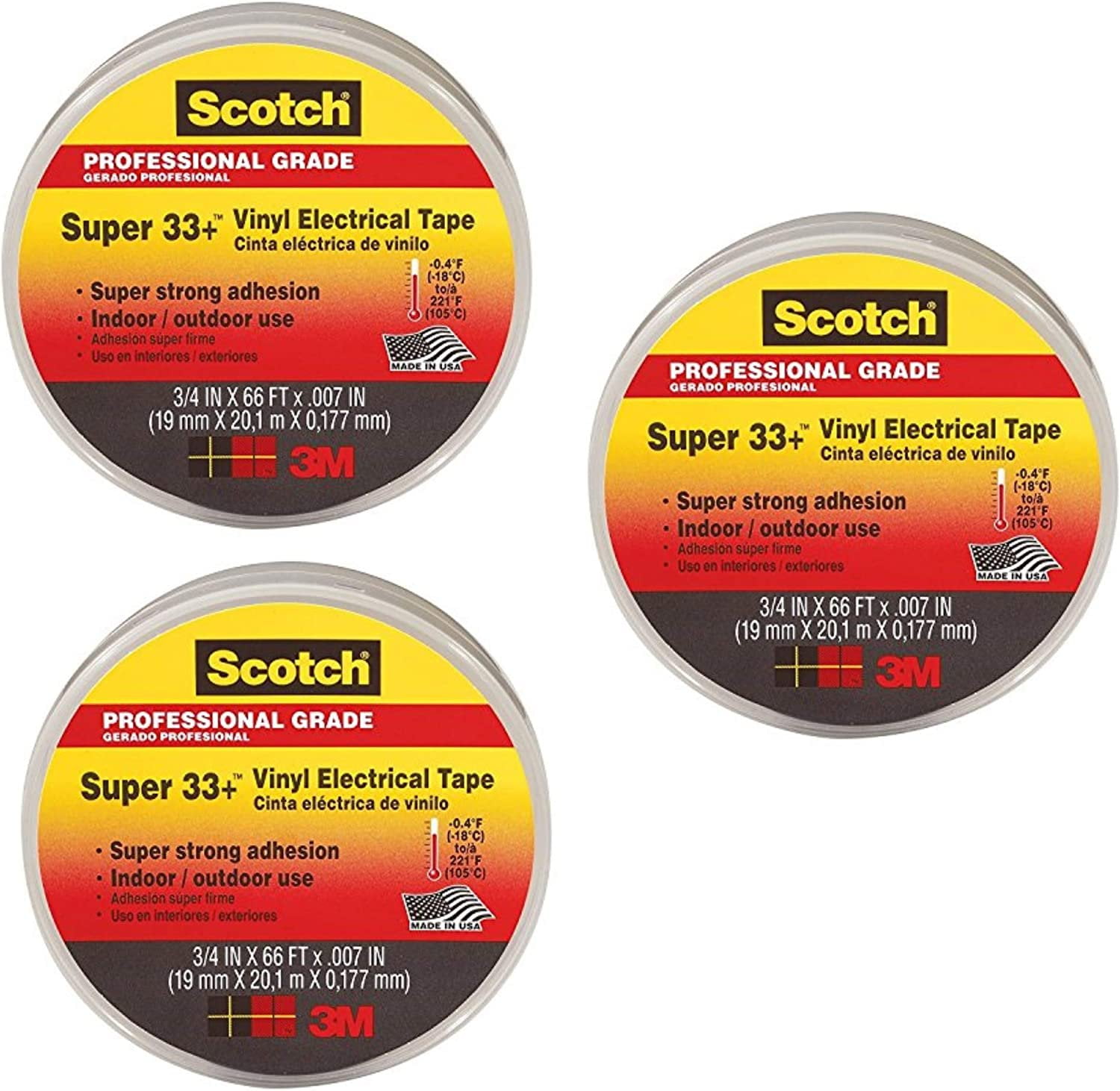 3M Scotch Super 33+ Vinyl Electrical Tape, .75-Inch by 66-Feet, 3-PACK