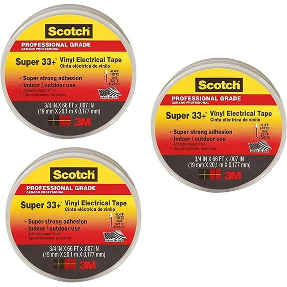 3M Scotch Super 33+ Vinyl Electrical Tape, .75-Inch by 66-Feet, 3-PACK