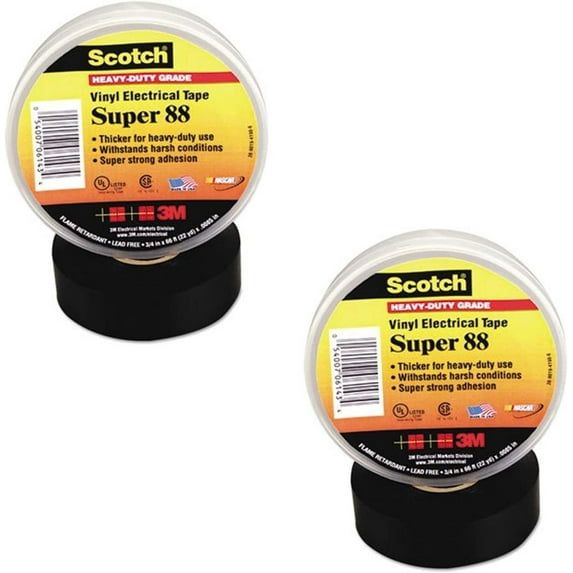 3M Scotch Super 88 Vinyl Electrical Tape, -18 to 105 Degree C, 10000 mV Dielectric Strength, 66' Length x 3/4" Width, Black, 2 PACK
