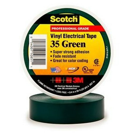 3M Scotch Vinyl Color Coding Electrical Tape 35, 3/4 in x 66 ft, QTY 2 ROLLS (Green)